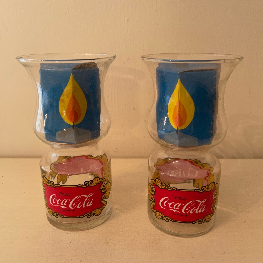 Vintage 1970’s Coca Cola Hurricane Glass Floating Candle Holders